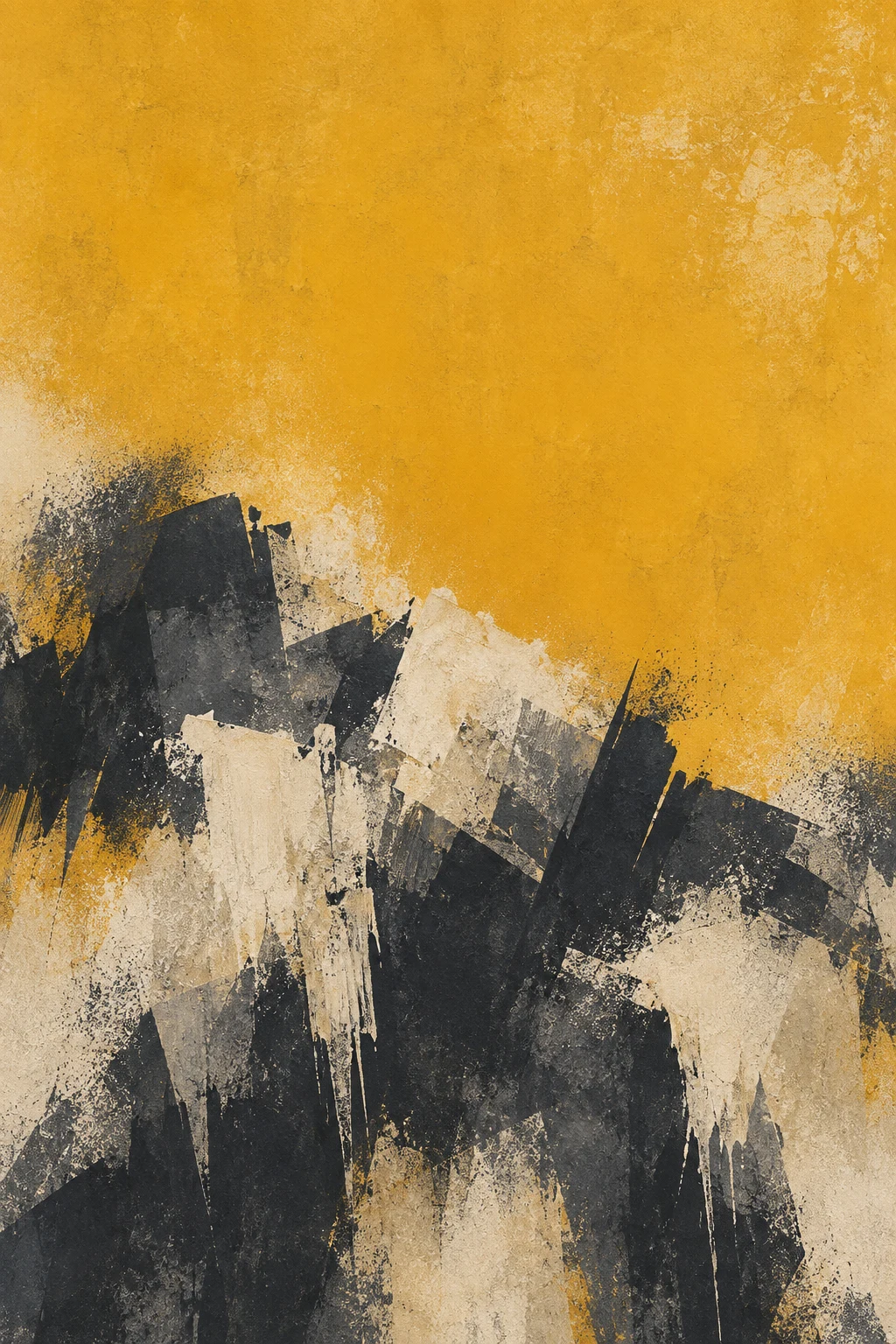 A mass of gathered strokes in the lower half under a vast empty sky in yellow, charcoal, stone, sand; portrait artwork.