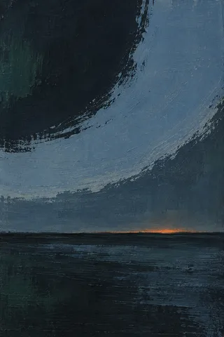 One wide arch pressed into a thick surface in black, blue, navy, charcoal; portrait artwork.