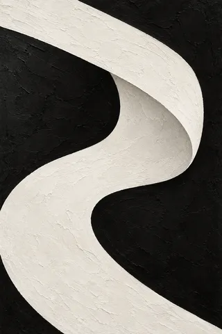 A broad ribbon folding back on itself in black, cream, stone; portrait artwork.