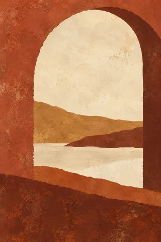 One wide arch pressed into a thick surface in terracotta, cream, rust, burgundy; portrait artwork.
