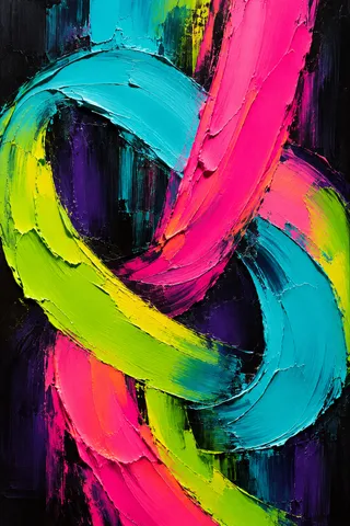 A knot of looping line over a calm ground in black, teal, red, yellow; portrait artwork.