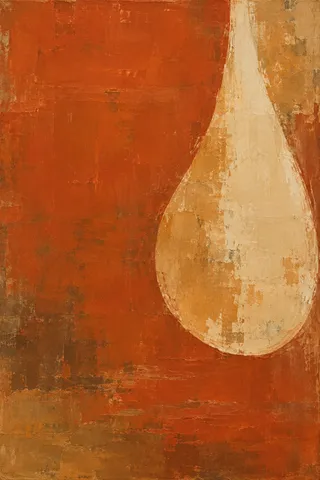 One gigantic teardrop form in red, terracotta, sand, ochre; portrait artwork.