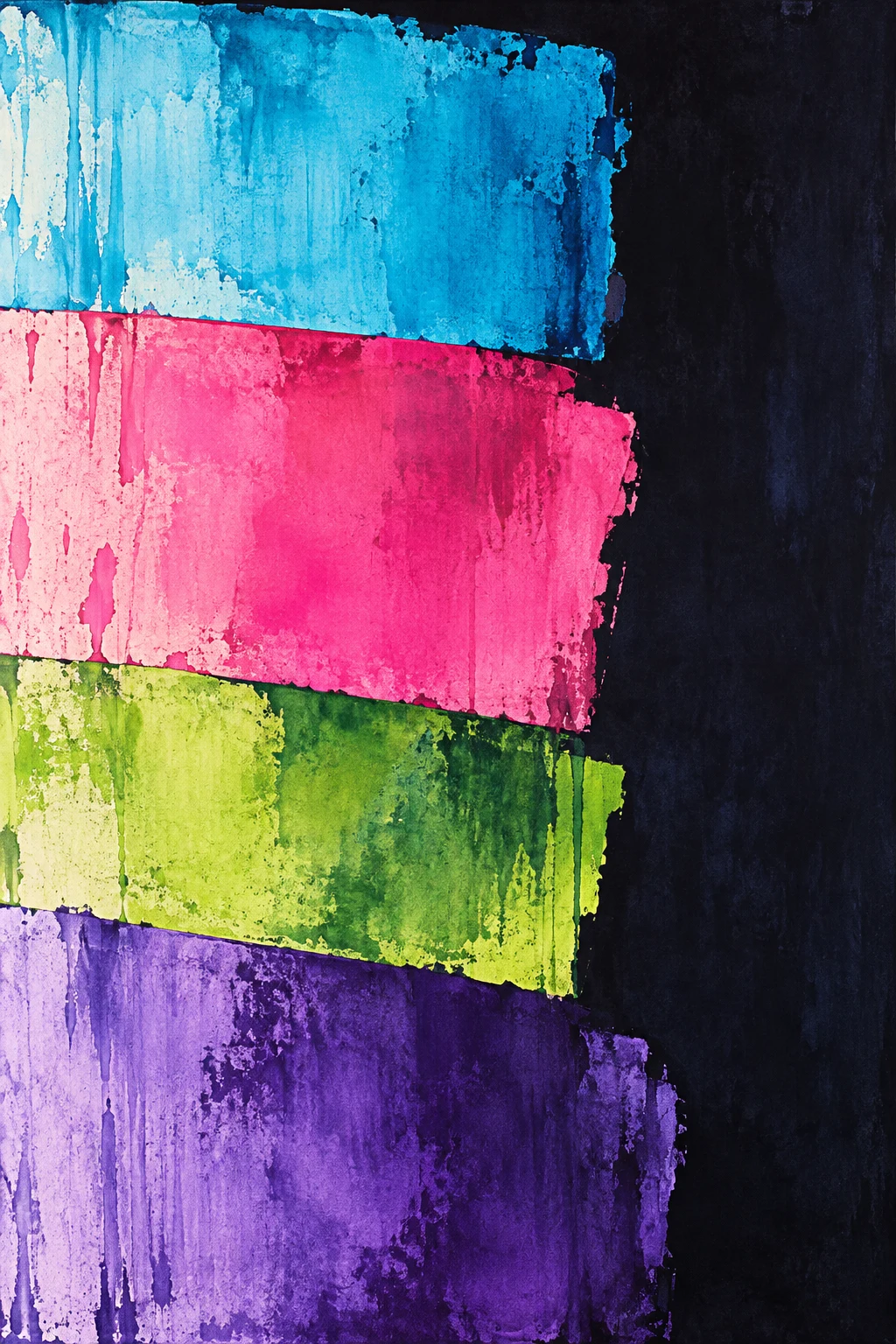 A stack of four uneven slabs in black, pink, stone, sky blue; portrait artwork.