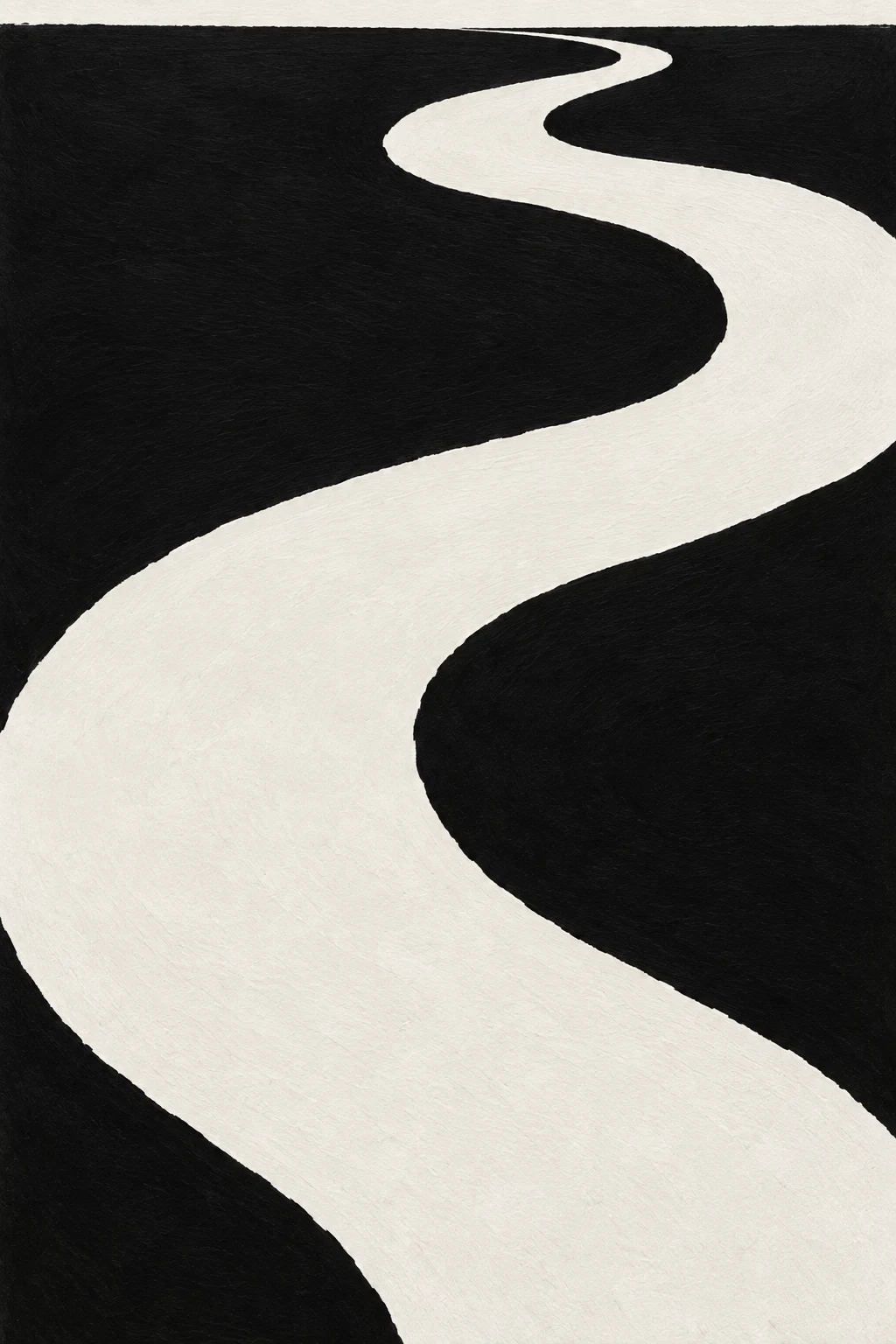 A single colossal brushstroke dragged across the whole field in black, cream, white; portrait artwork.