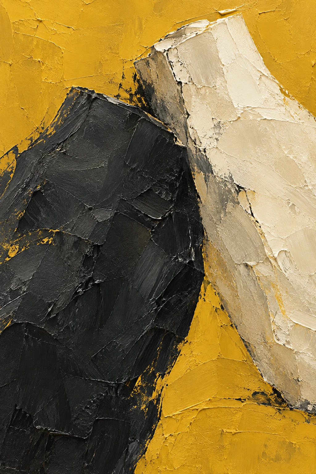Two heavy blocks leaning against each other in black, orange, cream, charcoal; portrait artwork.