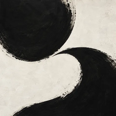 Two enormous crescents interlocking in black, cream; square artwork.