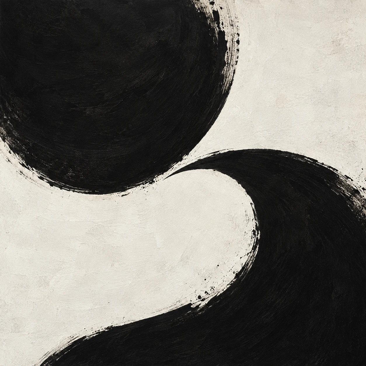 Two enormous crescents interlocking in black, cream; square artwork.