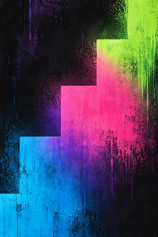 A stepped form like a quiet staircase in black, blue, pink, burgundy; portrait artwork.