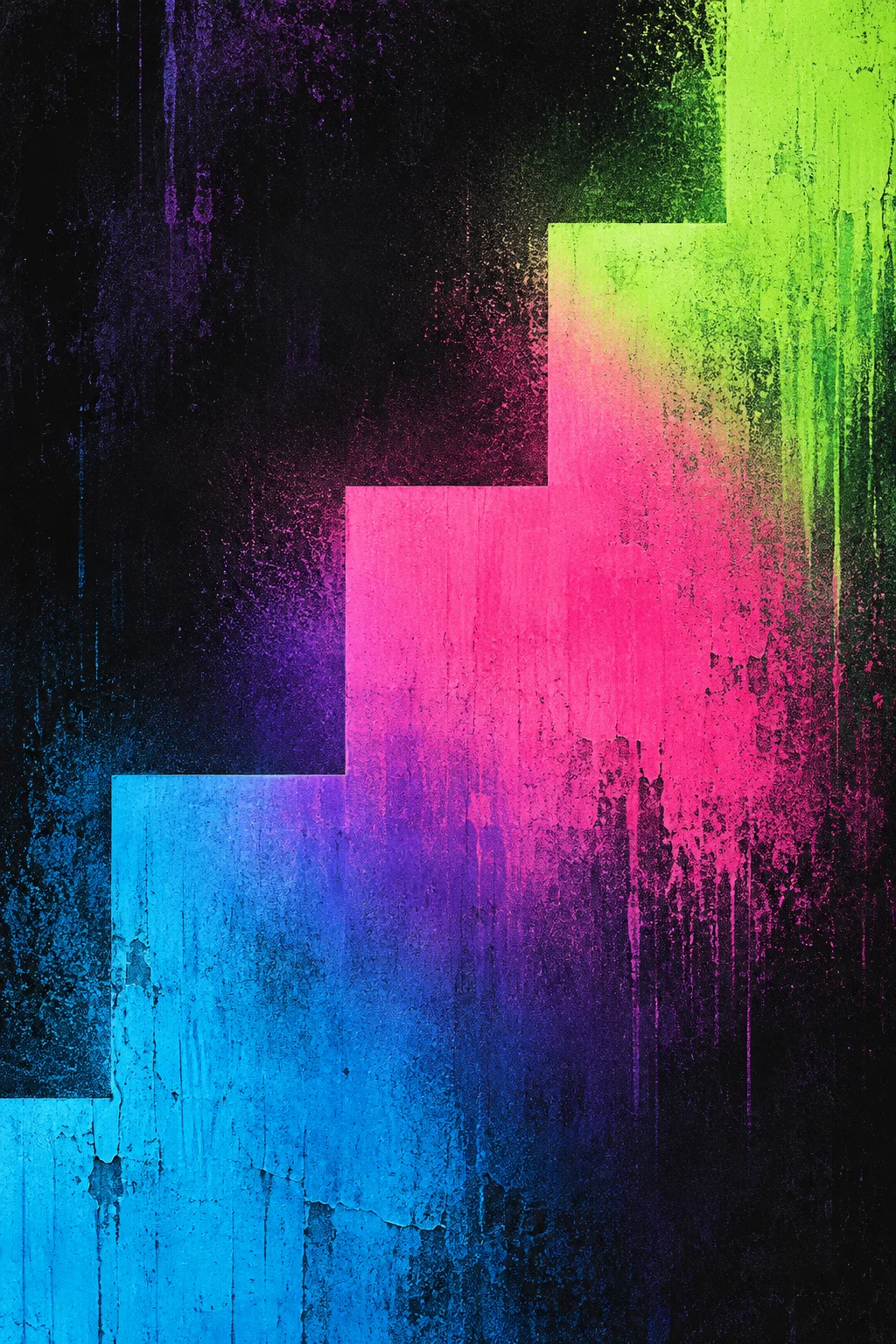A stepped form like a quiet staircase in black, blue, pink, burgundy; portrait artwork.