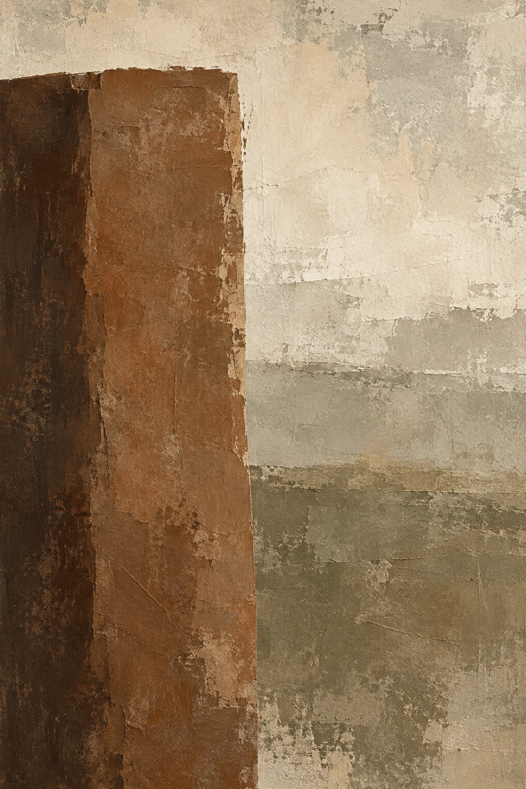 One monolith standing left of center in olive, burgundy, stone, sand; portrait artwork.