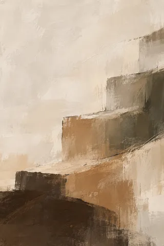 A stepped form like a quiet staircase in cream, taupe, burgundy, sand; portrait artwork.