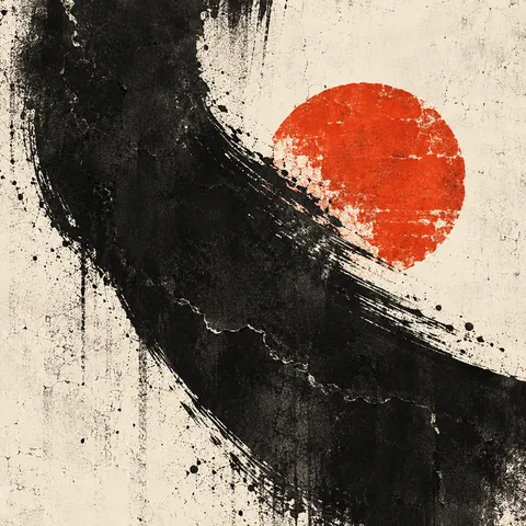 A cracked field with one patch of a second color in black, cream, taupe, rust; square artwork.