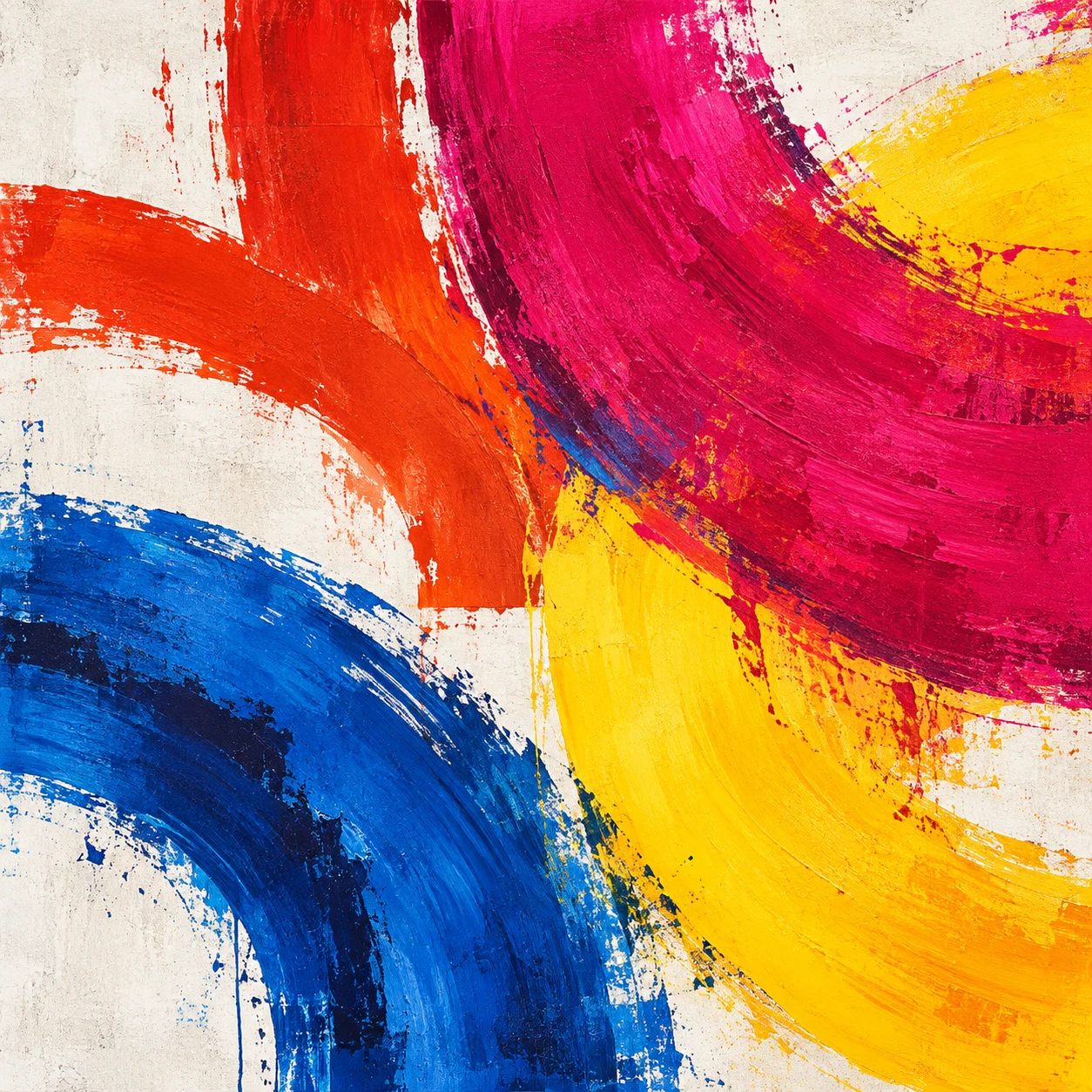 Four quarter-circles turned different ways in red, yellow, cream, navy; square artwork.