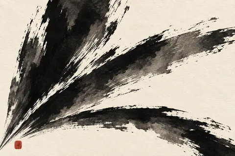 A broad fan of tapering strokes opening from one corner in cream, black, charcoal, gray; landscape artwork.