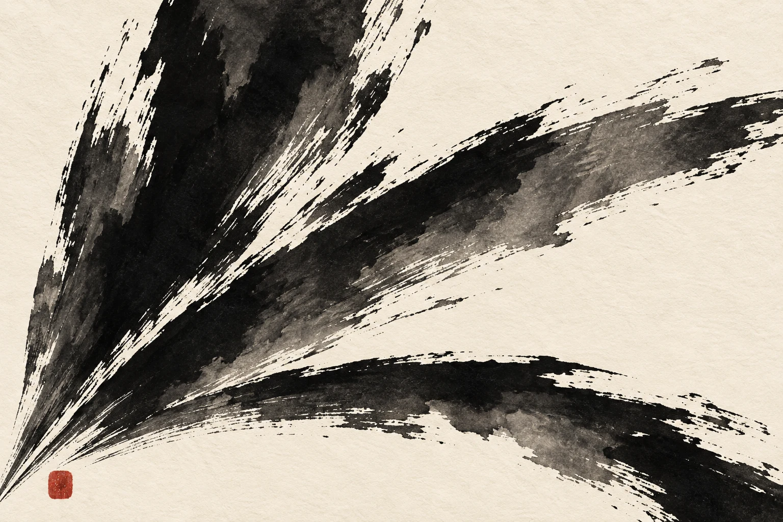 A broad fan of tapering strokes opening from one corner in cream, black, charcoal, gray; landscape artwork.