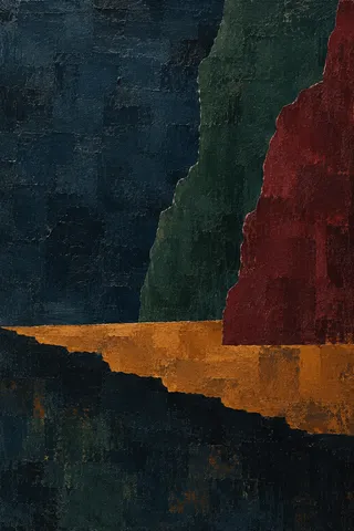 A wide shelf shadow running the whole width in black, burgundy, brown; portrait artwork.