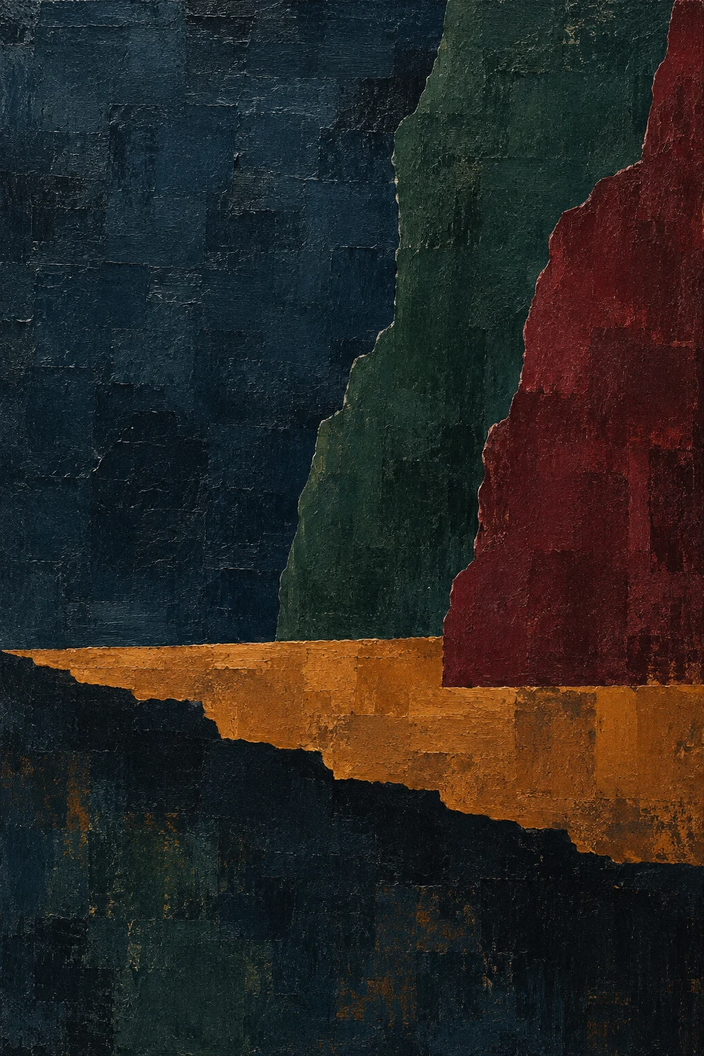 A wide shelf shadow running the whole width in black, burgundy, brown; portrait artwork.