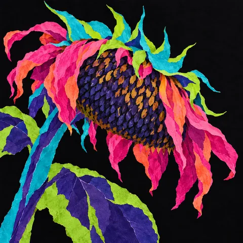A single sunflower head gone to seed in black, navy, sage, red; square artwork.