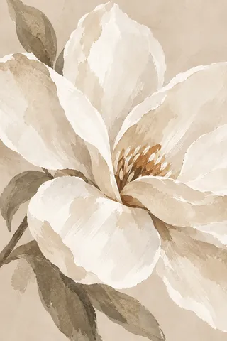 One enormous magnolia bloom filling the field in cream, stone, white, taupe; portrait artwork.