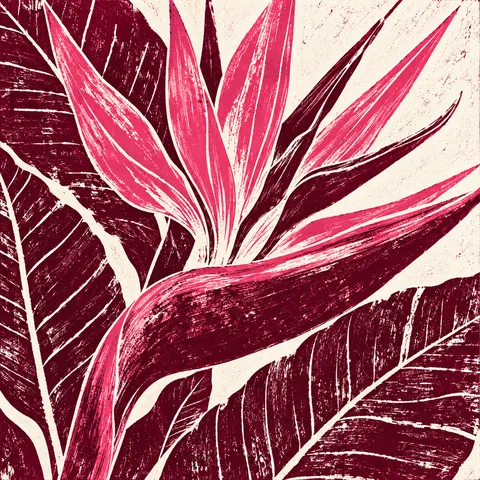 A bird of paradise flower in burgundy, pink, white, red; square artwork.