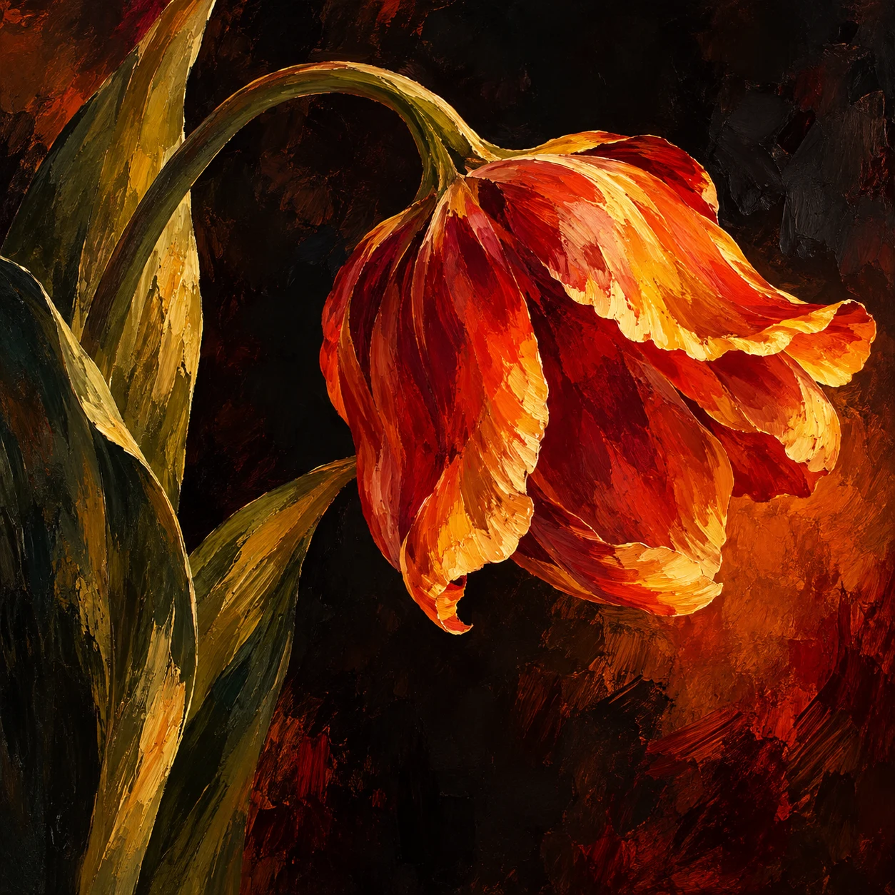 A single tulip bending under its own weight in black, rust, orange, burgundy; square artwork.