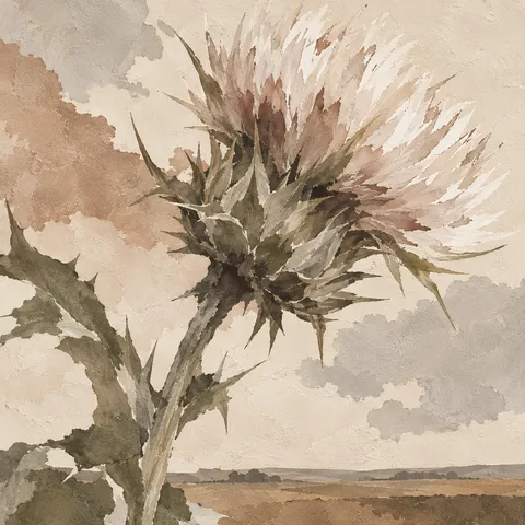 One thistle head in cream, sand, stone, olive; square artwork.