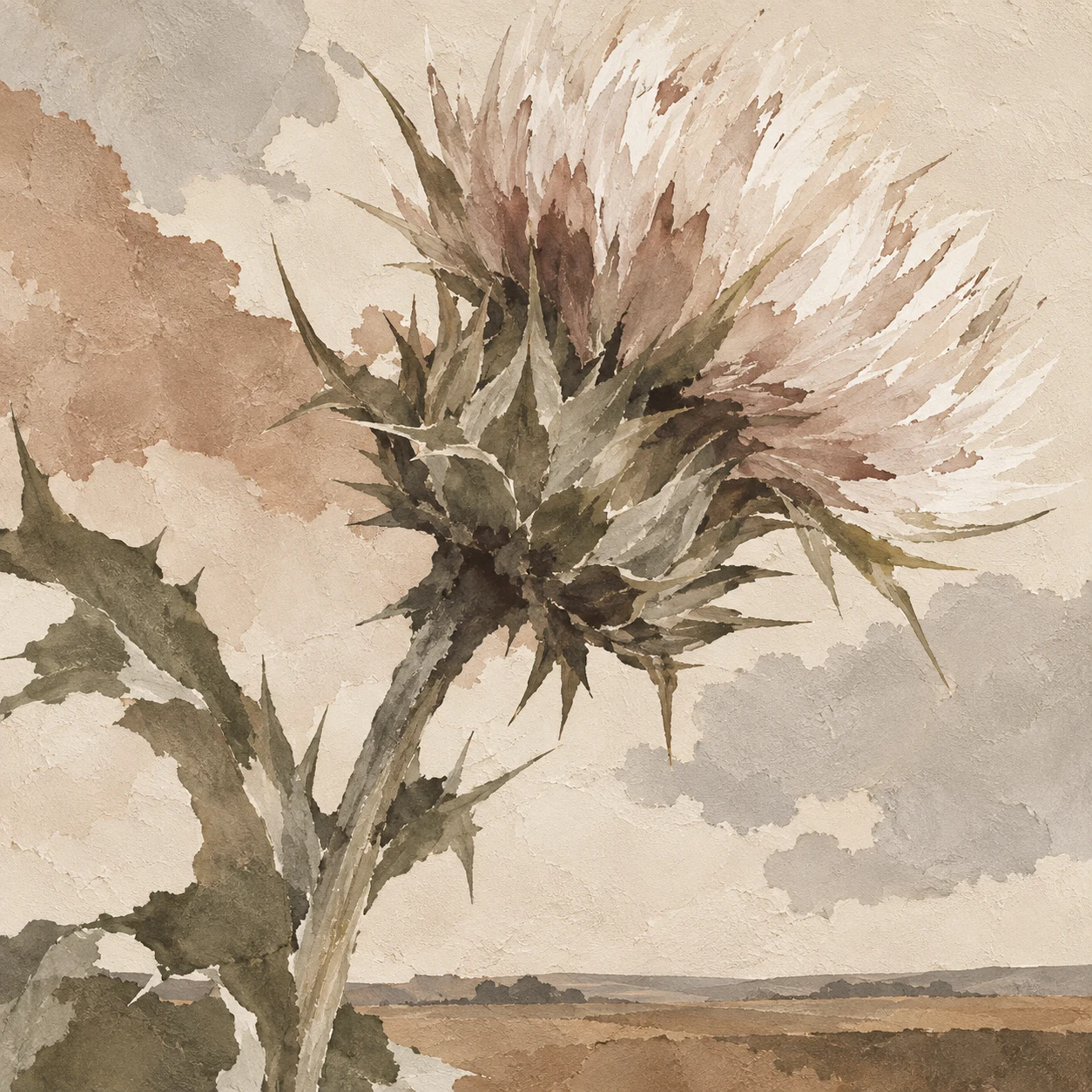 One thistle head in cream, sand, stone, olive; square artwork.
