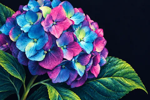One oversized hydrangea head in black, navy, purple, blue; landscape artwork.