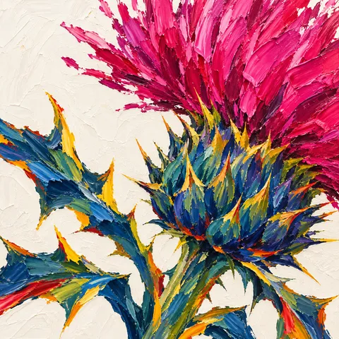 One thistle head in white, green, red, pink; square artwork.