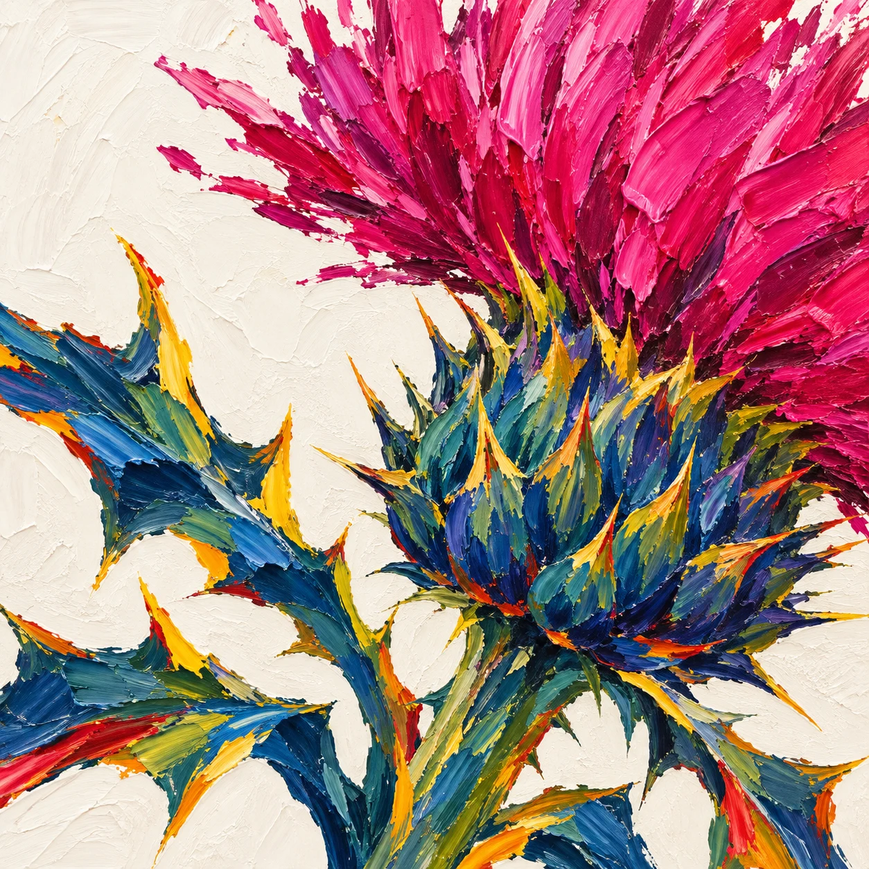 One thistle head in white, green, red, pink; square artwork.