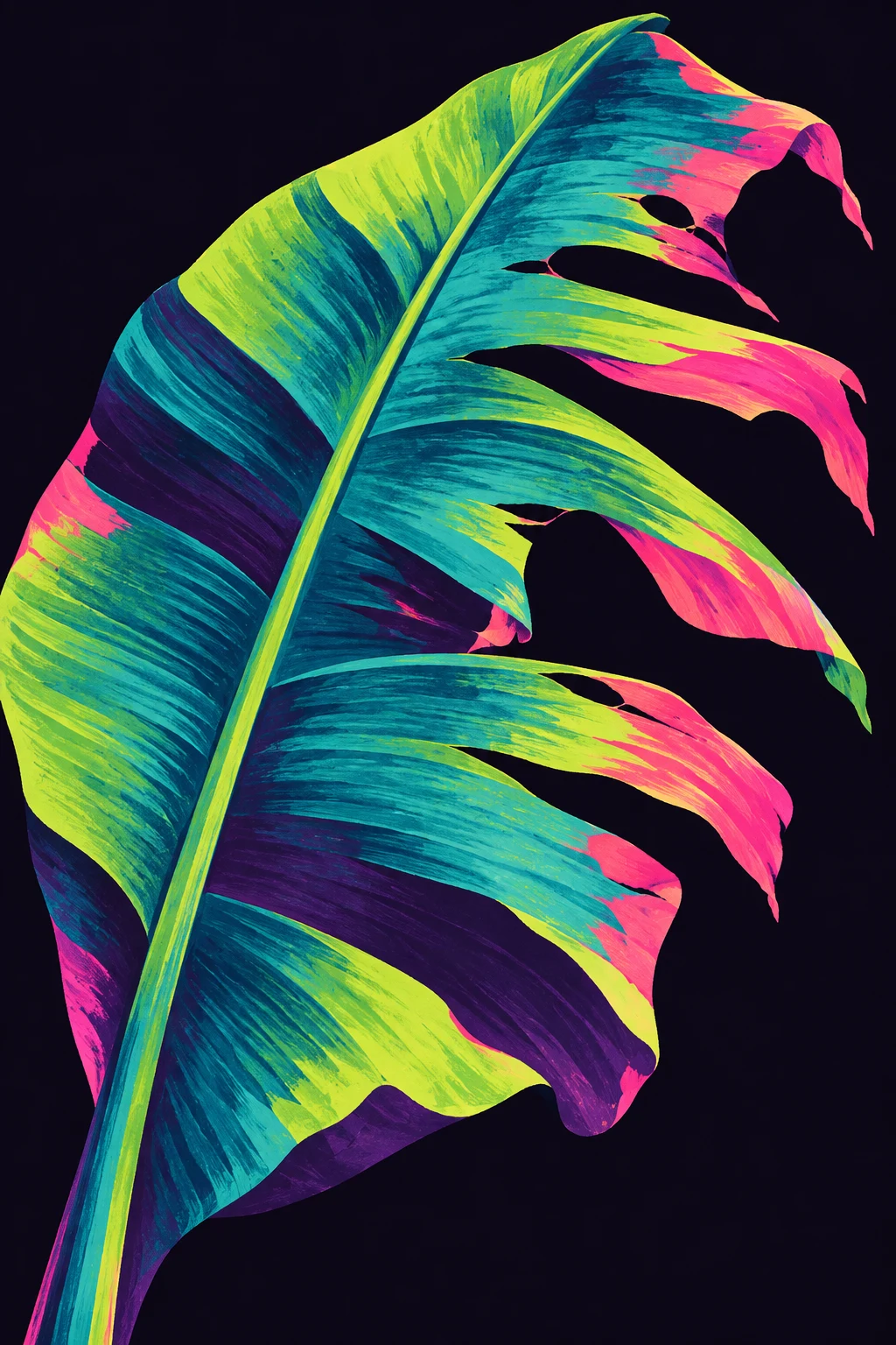 One banana leaf torn by wind in black, teal, navy, sand; portrait artwork.