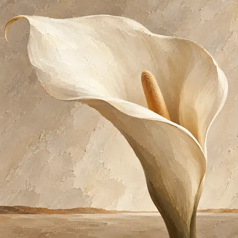 A single calla lily in stone, cream, sand, sage; square artwork.