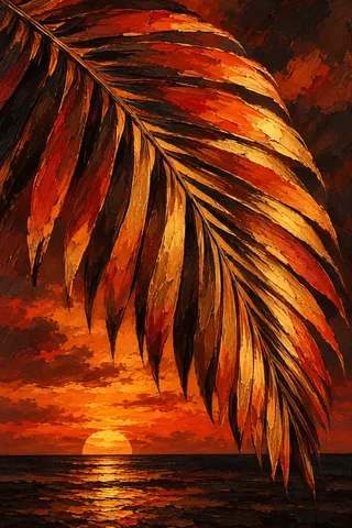 One palm frond fully open in burgundy, red, black, orange; portrait artwork.