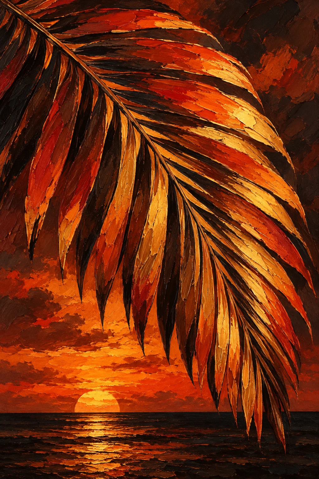 One palm frond fully open in burgundy, red, black, orange; portrait artwork.