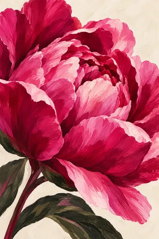 A huge peony head half open in burgundy, red, cream, pink; portrait artwork.
