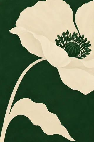 An oversized poppy on a curved stem in forest green, cream, sage, black; portrait artwork.