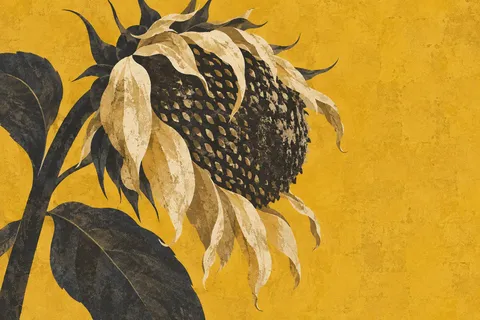 A single sunflower head gone to seed in yellow, brown, charcoal, taupe; landscape artwork.