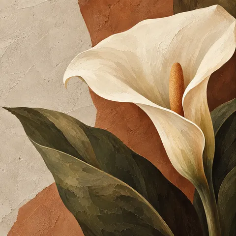 A single calla lily in stone, terracotta, burgundy, black; square artwork.