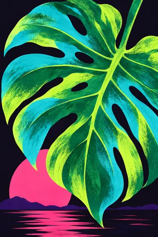 A giant philodendron leaf in black, teal, green, sky blue; portrait artwork.