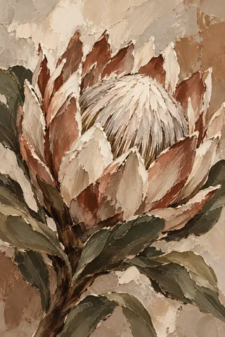 One oversized protea head in sand, taupe, olive, brown; portrait artwork.