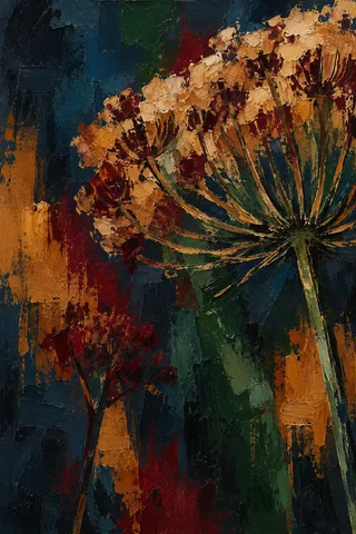 A huge seed head of a wild carrot in black, burgundy, brown, terracotta; portrait artwork.