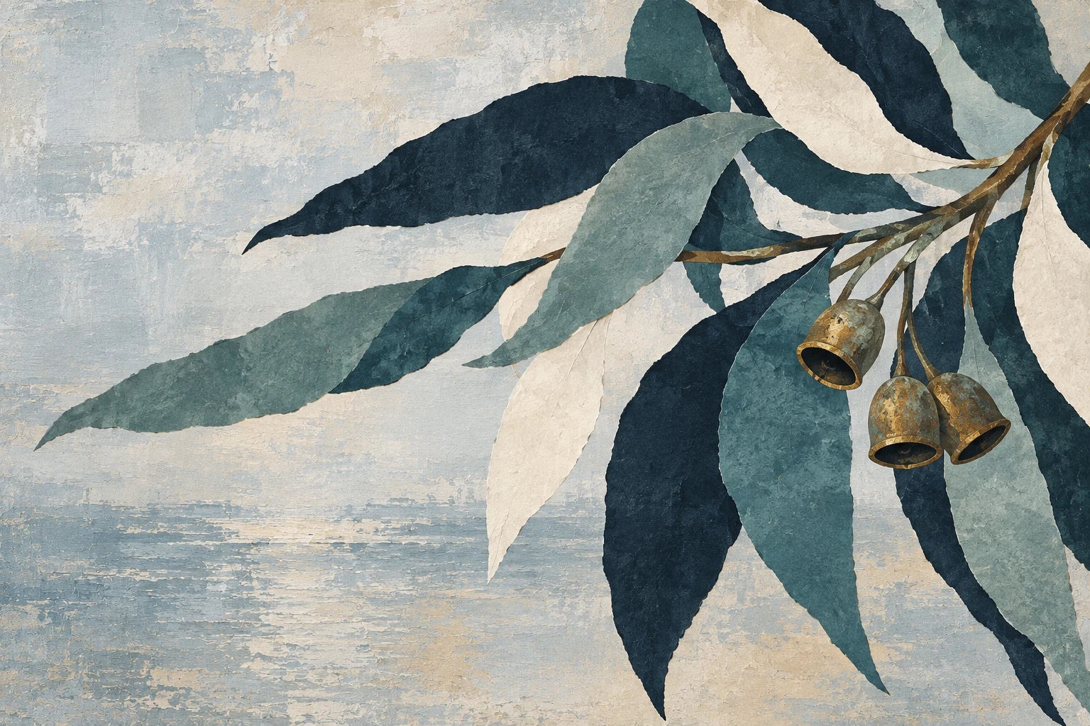 An enormous eucalyptus branch in cream, gray, stone, navy; landscape artwork.