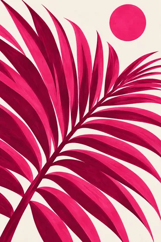 One palm frond fully open in red, burgundy, white, blush; portrait artwork.