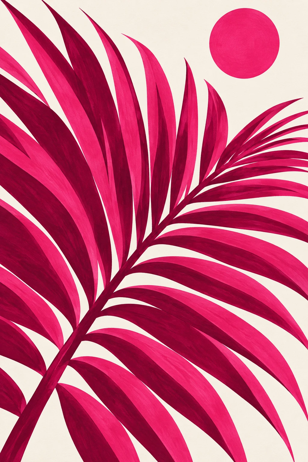 One palm frond fully open in red, burgundy, white, blush; portrait artwork.
