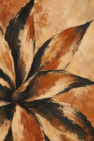 One agave rosette seen from above in sand, charcoal, terracotta, black; portrait artwork.