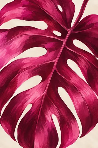 A single monstera leaf, oversized in burgundy, red, cream, pink; portrait artwork.