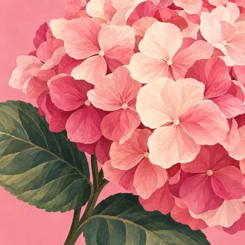 One oversized hydrangea head in blush, pink, cream, olive; square artwork.