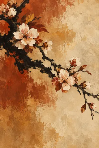 One branch of cherry blossom crossing the field in sand, rust, ochre, terracotta; portrait artwork.