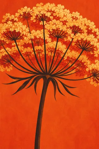 A huge seed head of a wild carrot in red, orange, rust; portrait artwork.