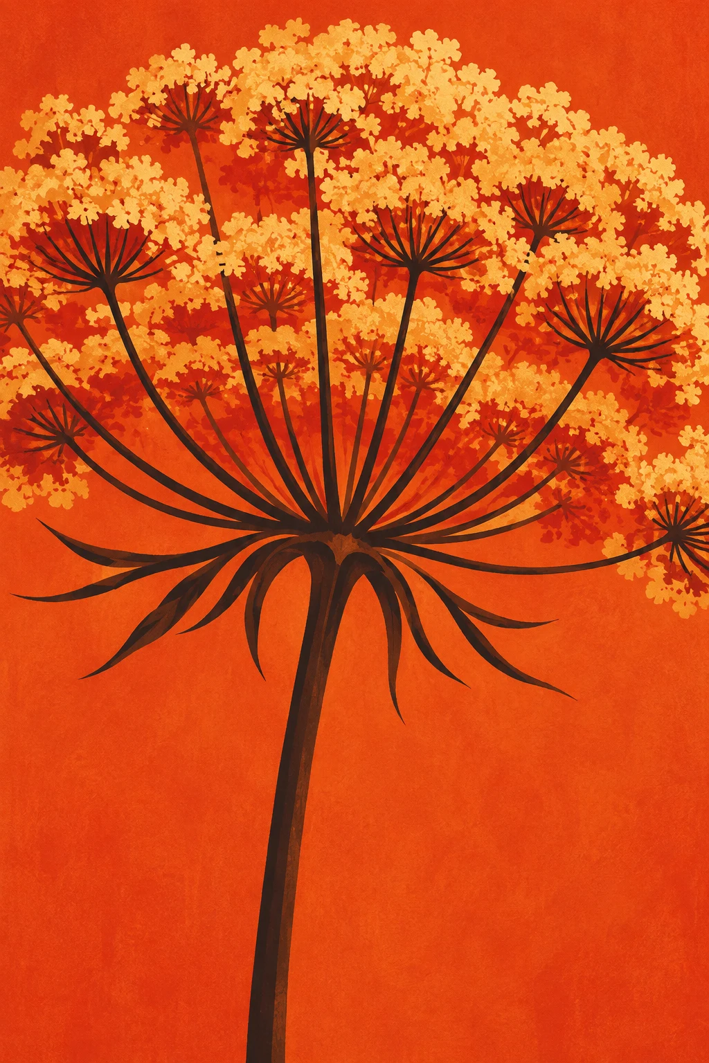A huge seed head of a wild carrot in red, orange, rust; portrait artwork.